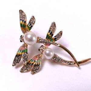 Brooch Dragonflies rhinestones pearly beads sparkly fashion accessories